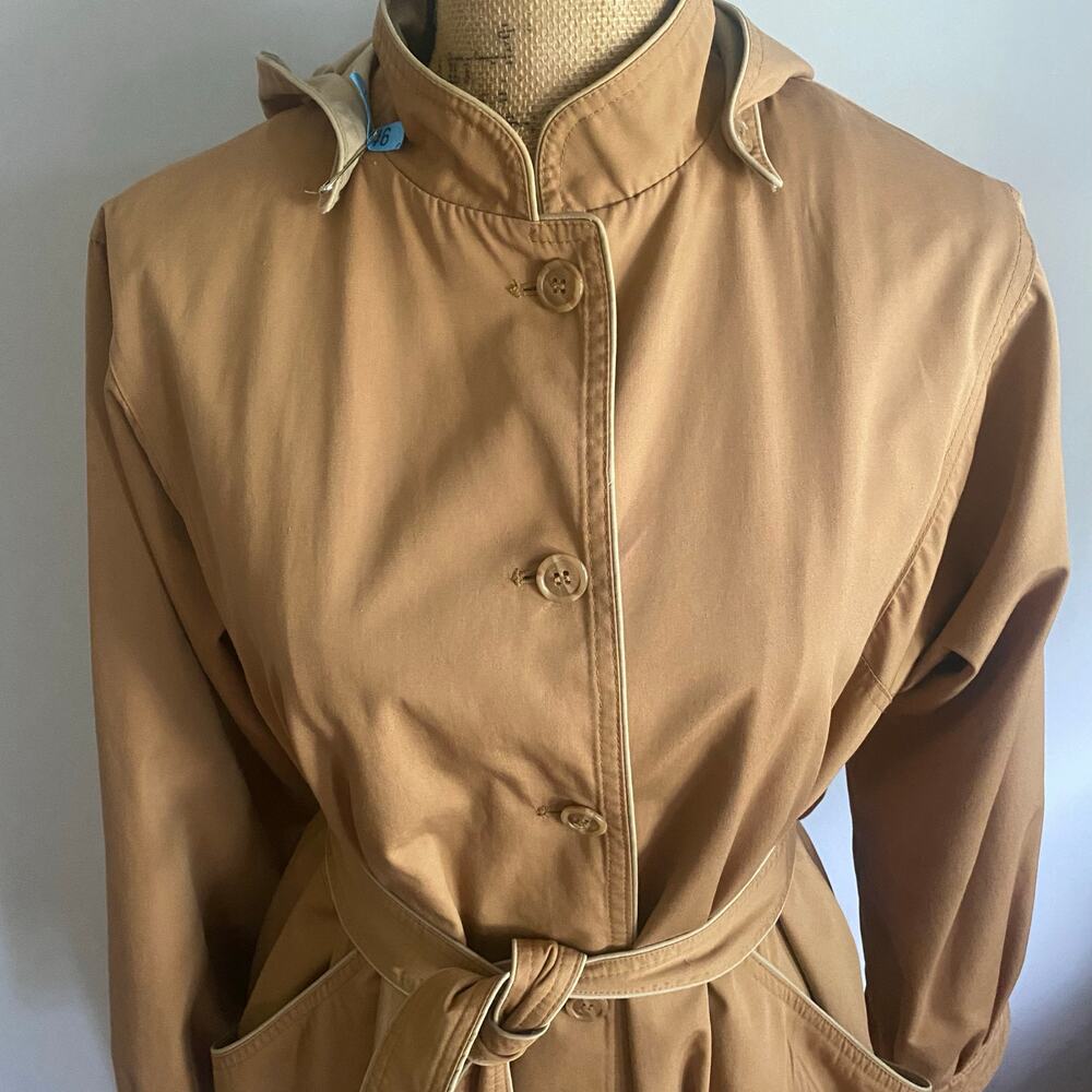 London Fog Taupe Trench Coat Hooded Belted Zip-Out Liner M/L Vintage Outerwear - Picture 6 of 17